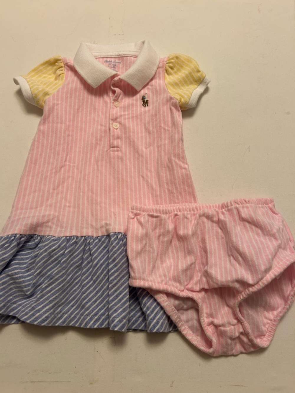 Ralph Lauren Pink Striped Polo Dress with Blue Hem & Yellow Sleeves